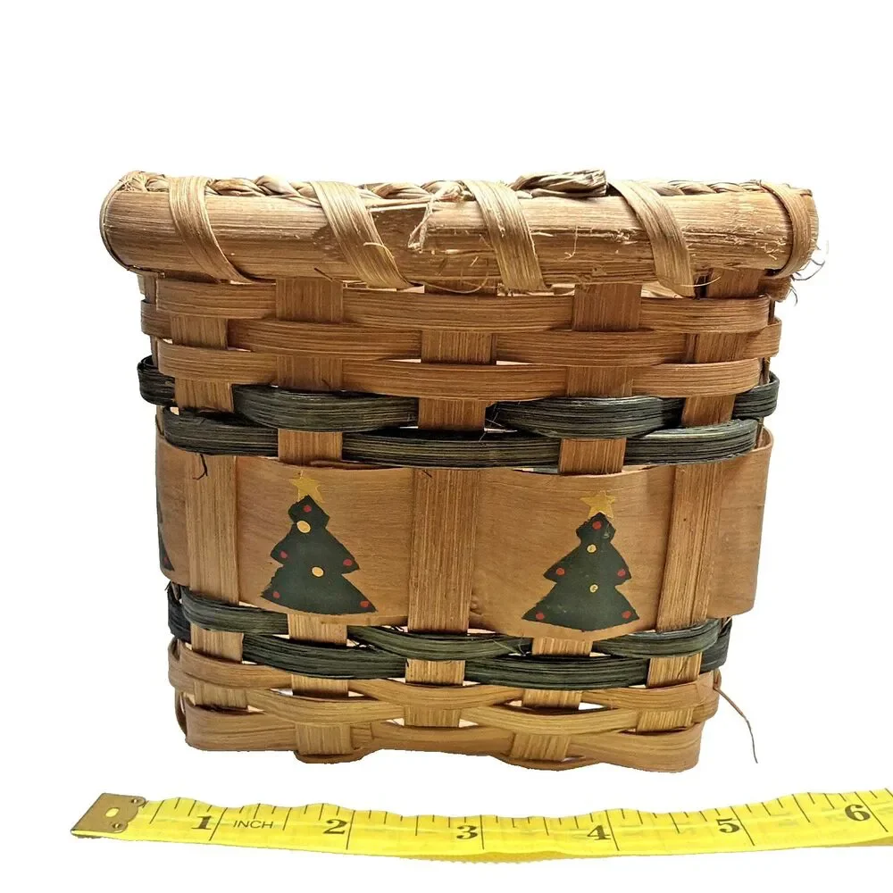 Vintage Hand-Woven Splint Wood Holiday Basket - Hand-Painted Christmas Trees